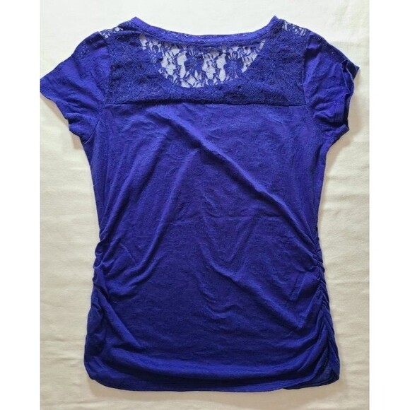 SouthPole Blue Velvet Tee Size Small Ruched Sides Floral Lace Top - Picture 2 of 8
